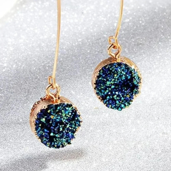 Druzy Charm Long Gold Marquise Earrings Oil Slick - Picture 2 of 2